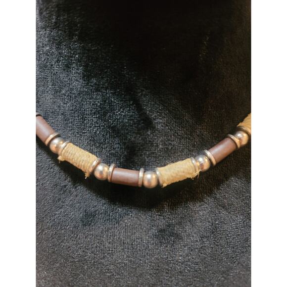 Women's Handmade Beaded Necklace With Wooden Tubes Rope Accents And Lobster Lock - Picture 3 of 5